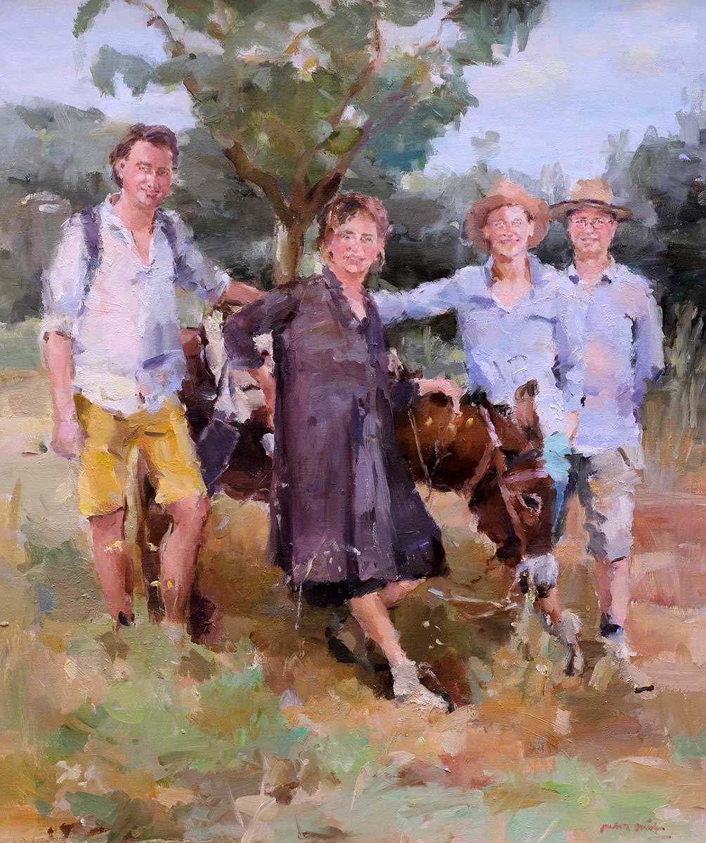 Familie op vakantie, olieverf/linnen, 70 x 80 cm.
