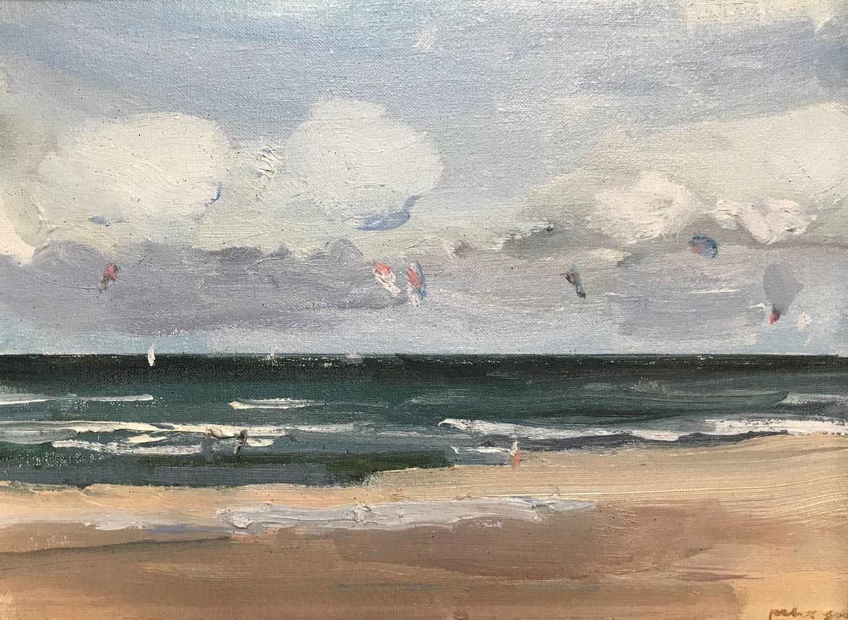 kiters aan zee, olieverf op linnen, 24 x 30 cm., 2021