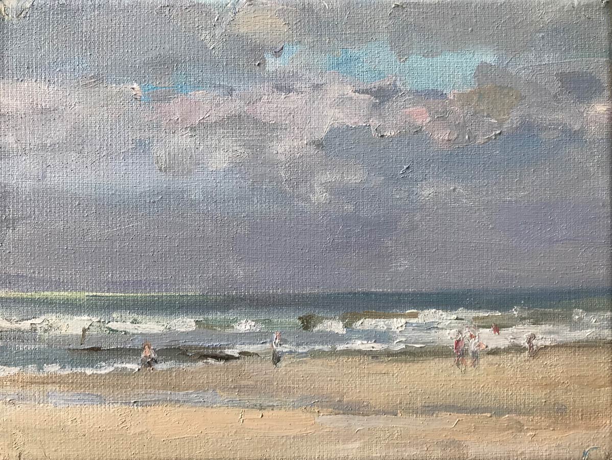 Wandelaars aan zee, olieverf op linnen, 24 x 30 cm., 2021