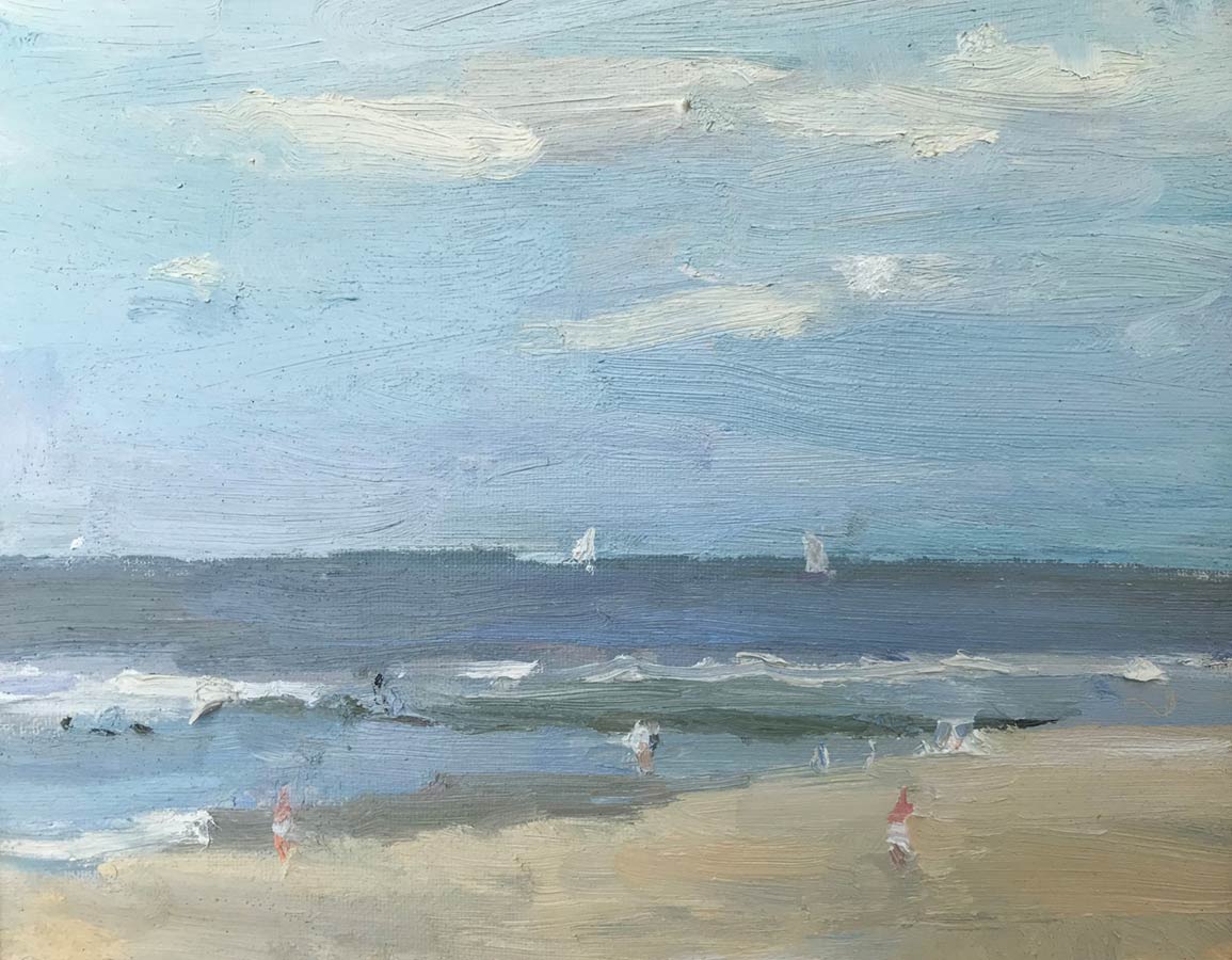 Dagje aan het strand, olieverf op linnen, 24 x 30 cm, 2021